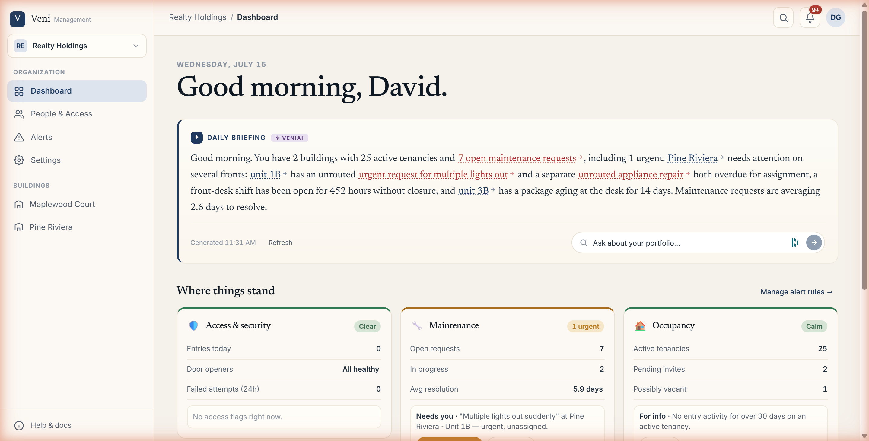 The portfolio dashboard with the Daily Briefing and triage cards