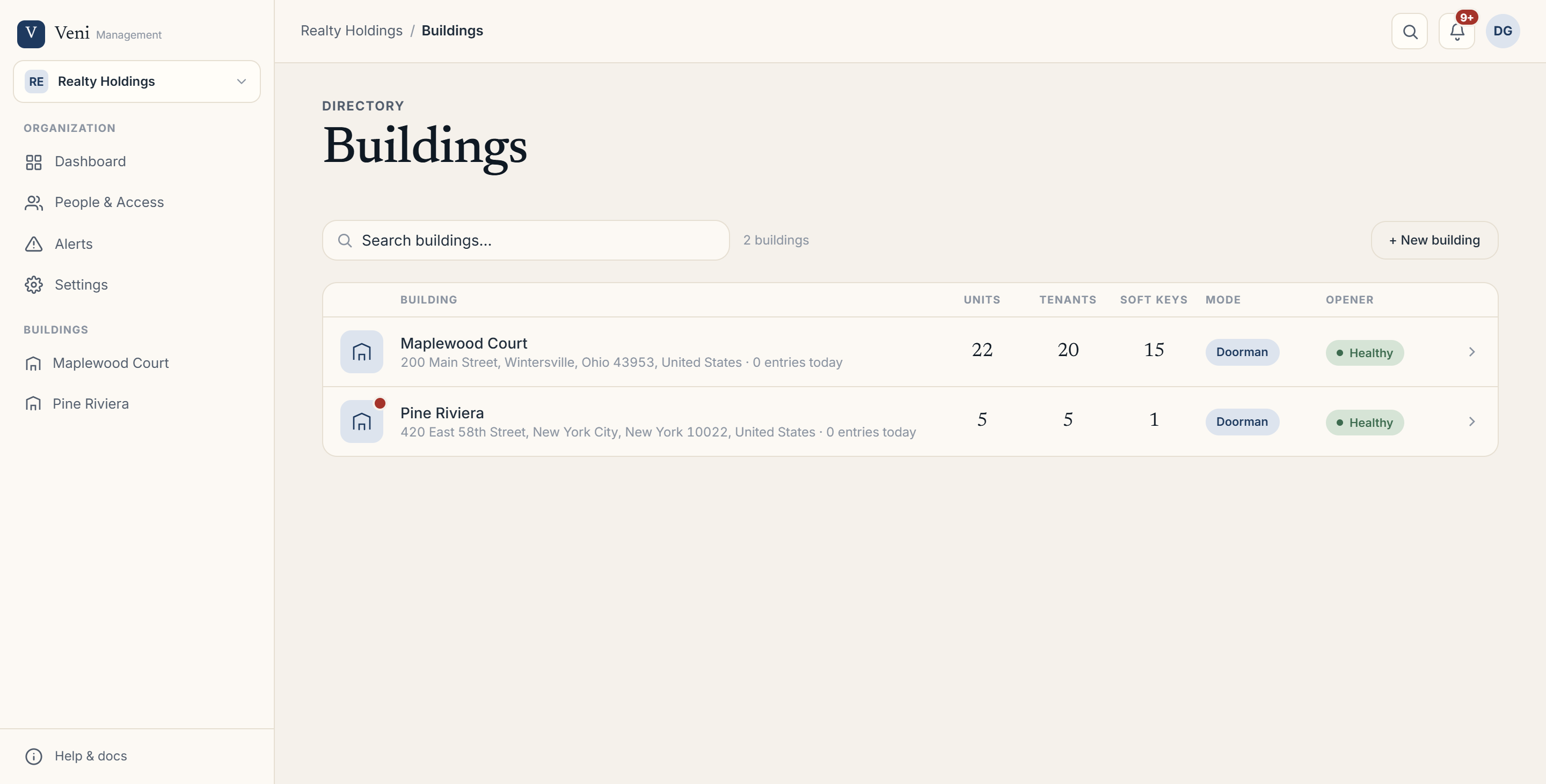 The Buildings list showing the Mode column