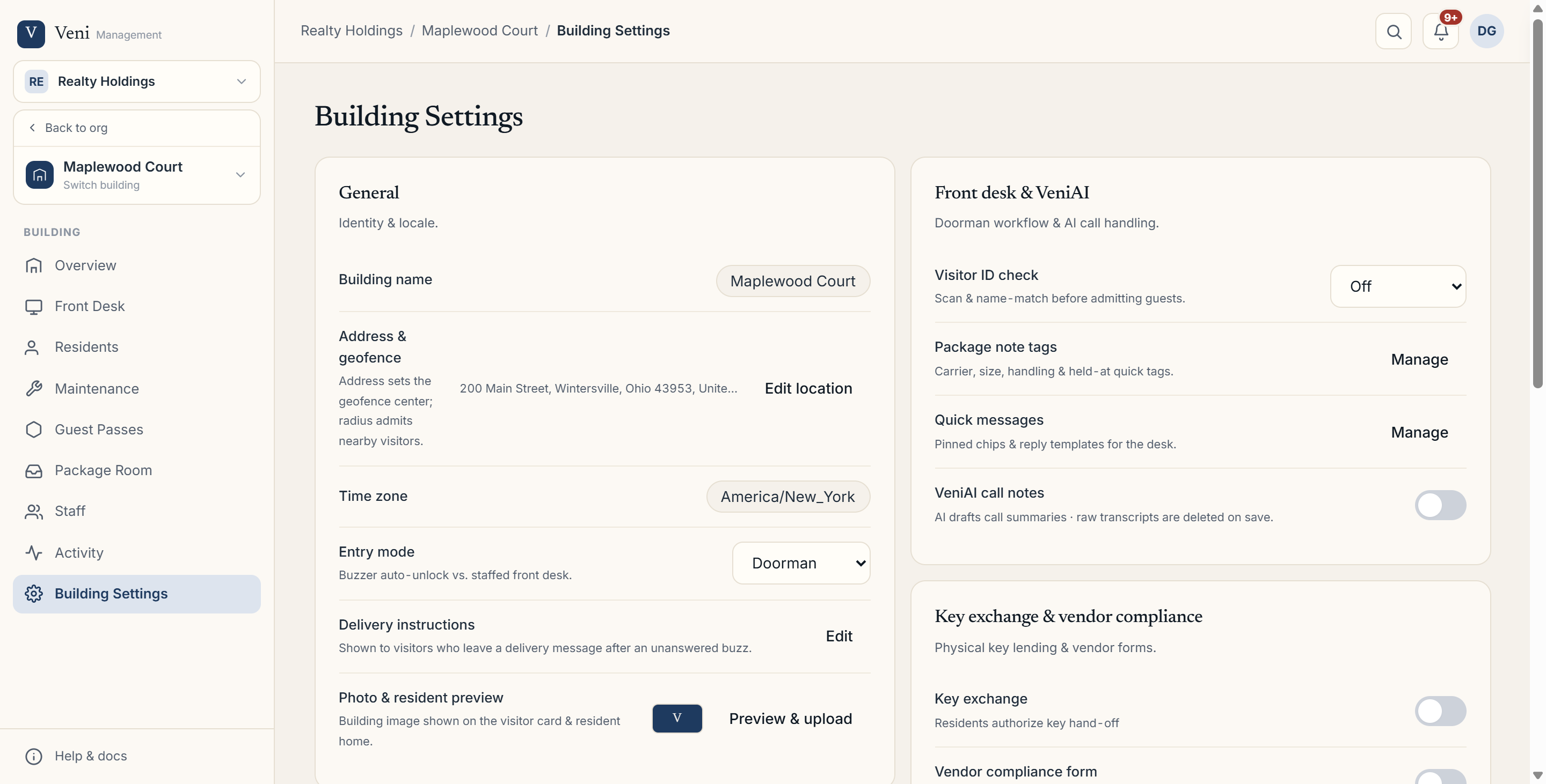 The Building Settings page
