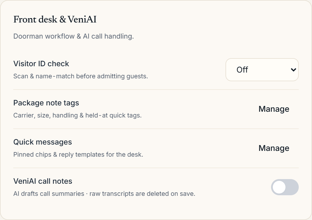 Building Settings with the Front desk &amp; VeniAI section
