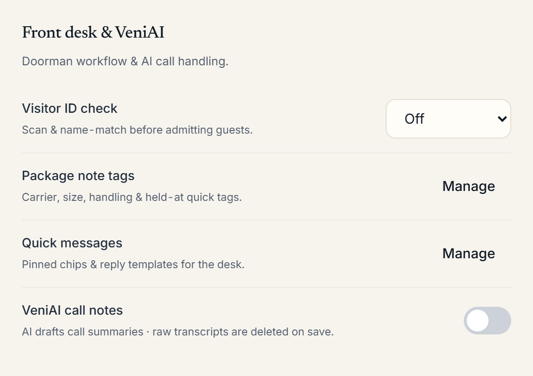 The package note tag options in Building Settings