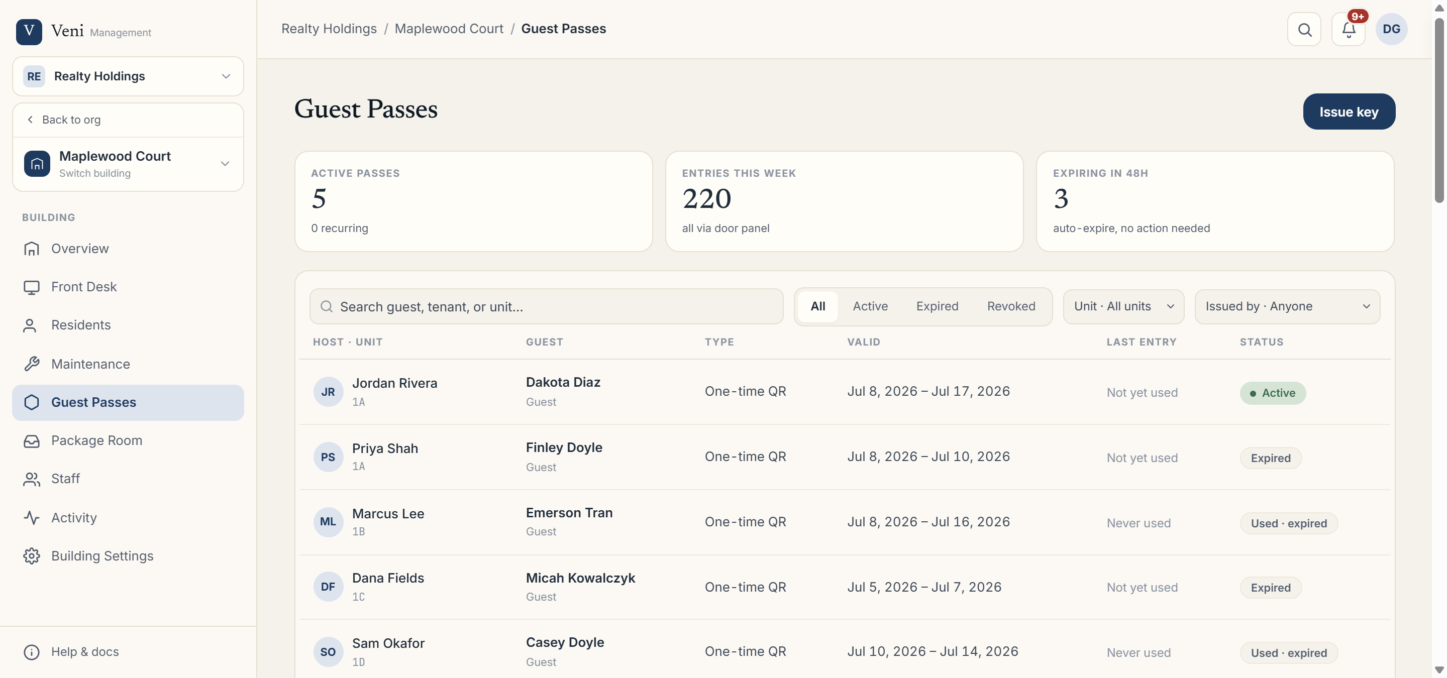 The Guest Passes table with status filters