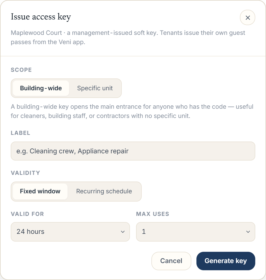 The Guest Passes tab with the Issue access key modal
