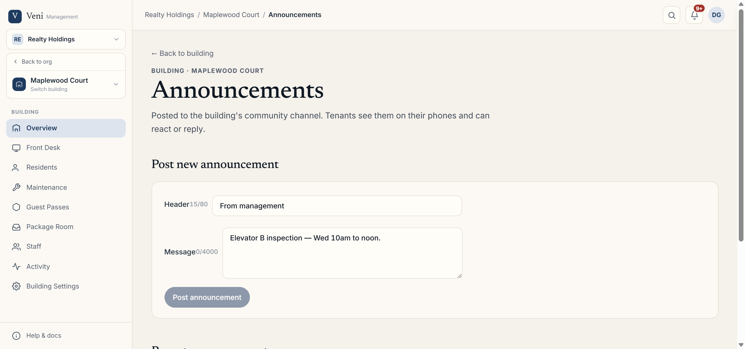 The Announcements page with the composer and recent history