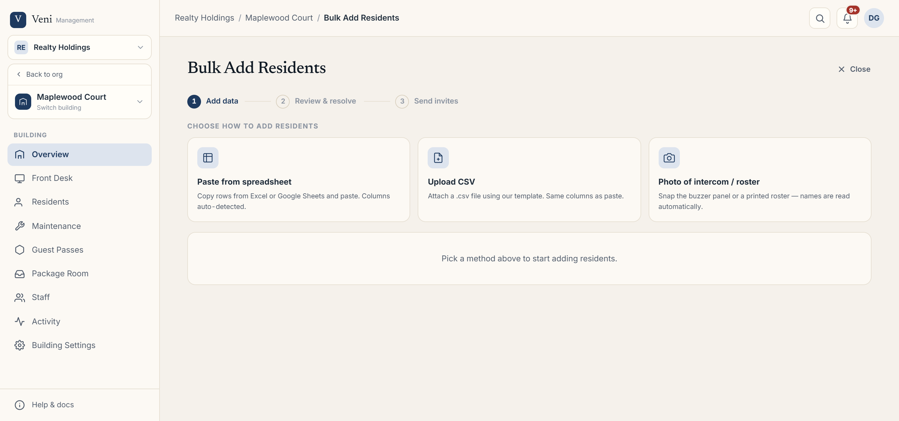 Step 1 of the Bulk Add Residents wizard
