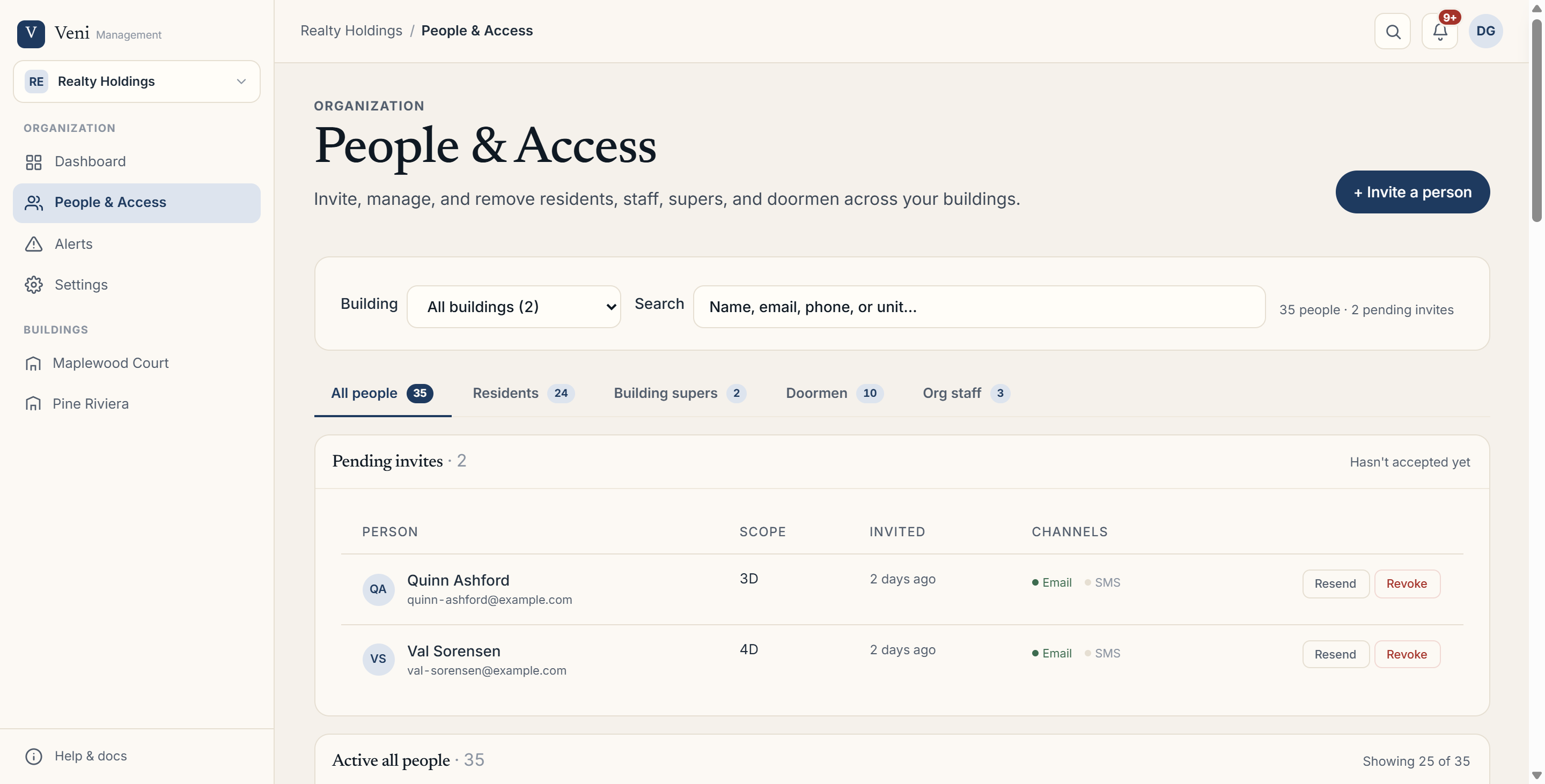 The People &amp; Access page showing the segment tabs, filter row, and active roster table