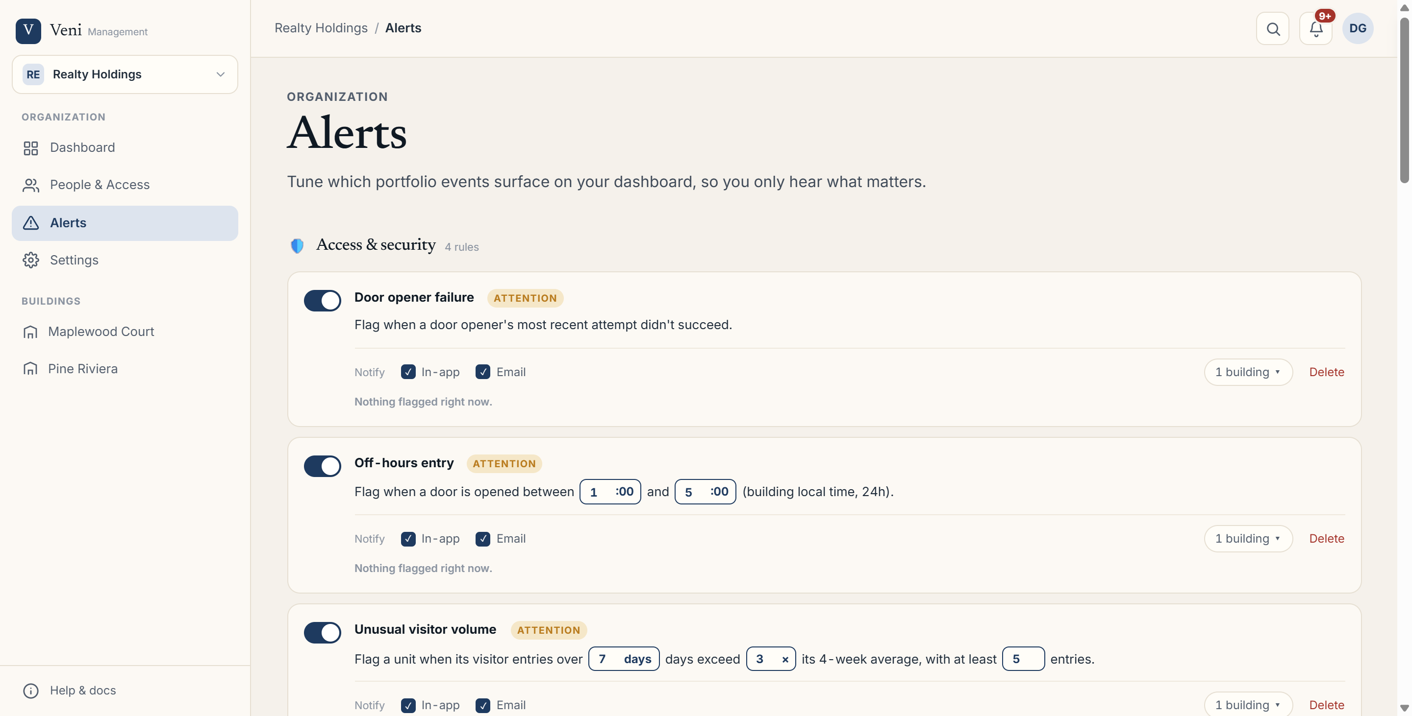 The Alerts page showing domain sections with rule cards grouped under headings like Access &amp; security and Maintenance