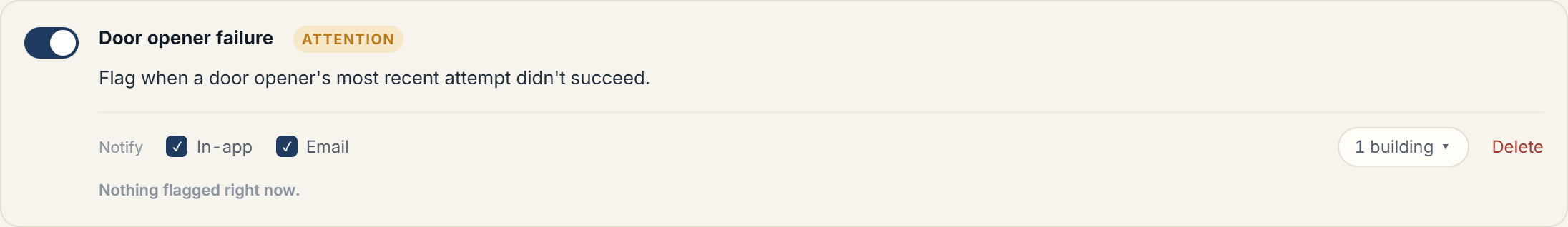 A single alert rule card showing the on/off toggle, the rule name, and the Attention/For info severity chip