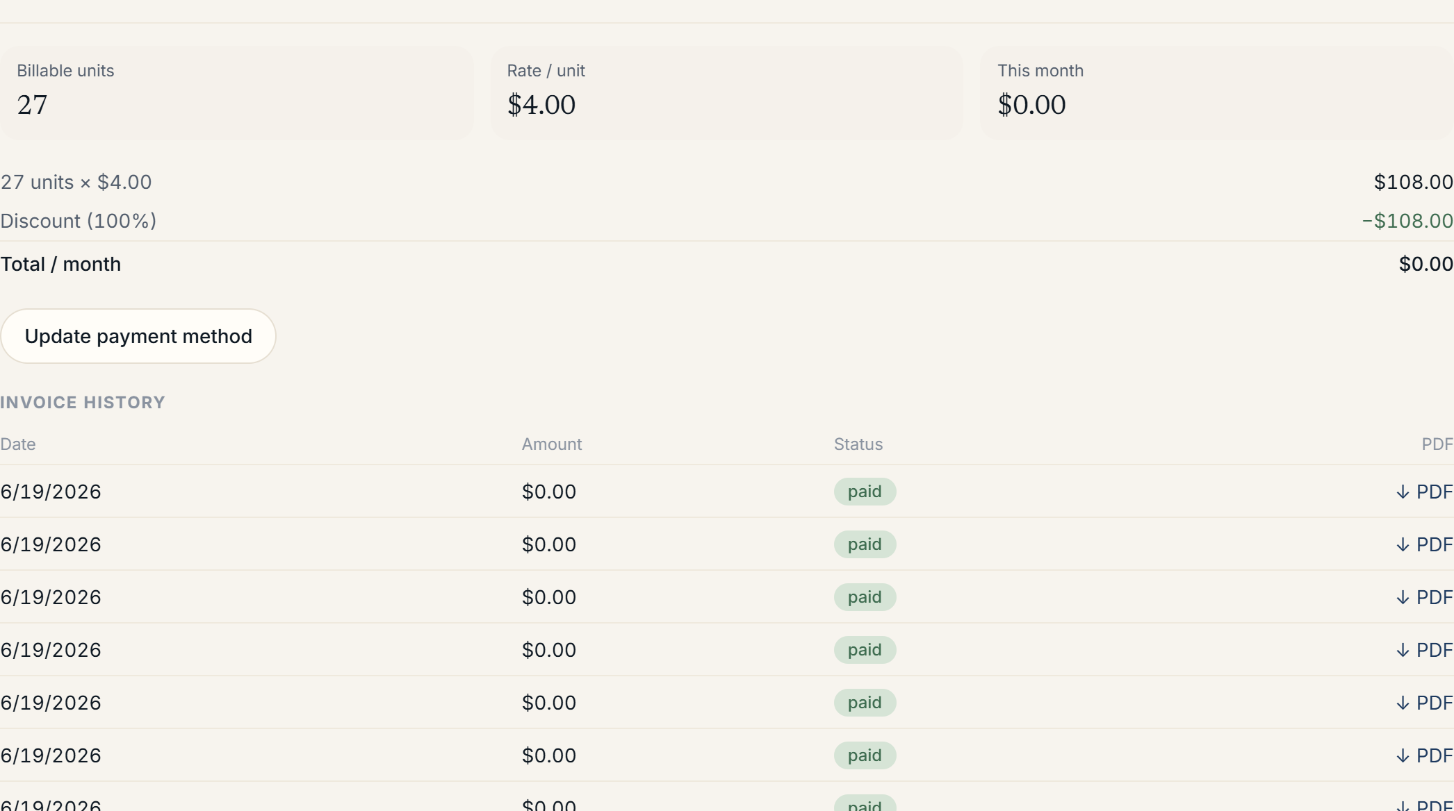 The Billing panel showing the plan name badge, status badge, and the Contact your Veni account manager link