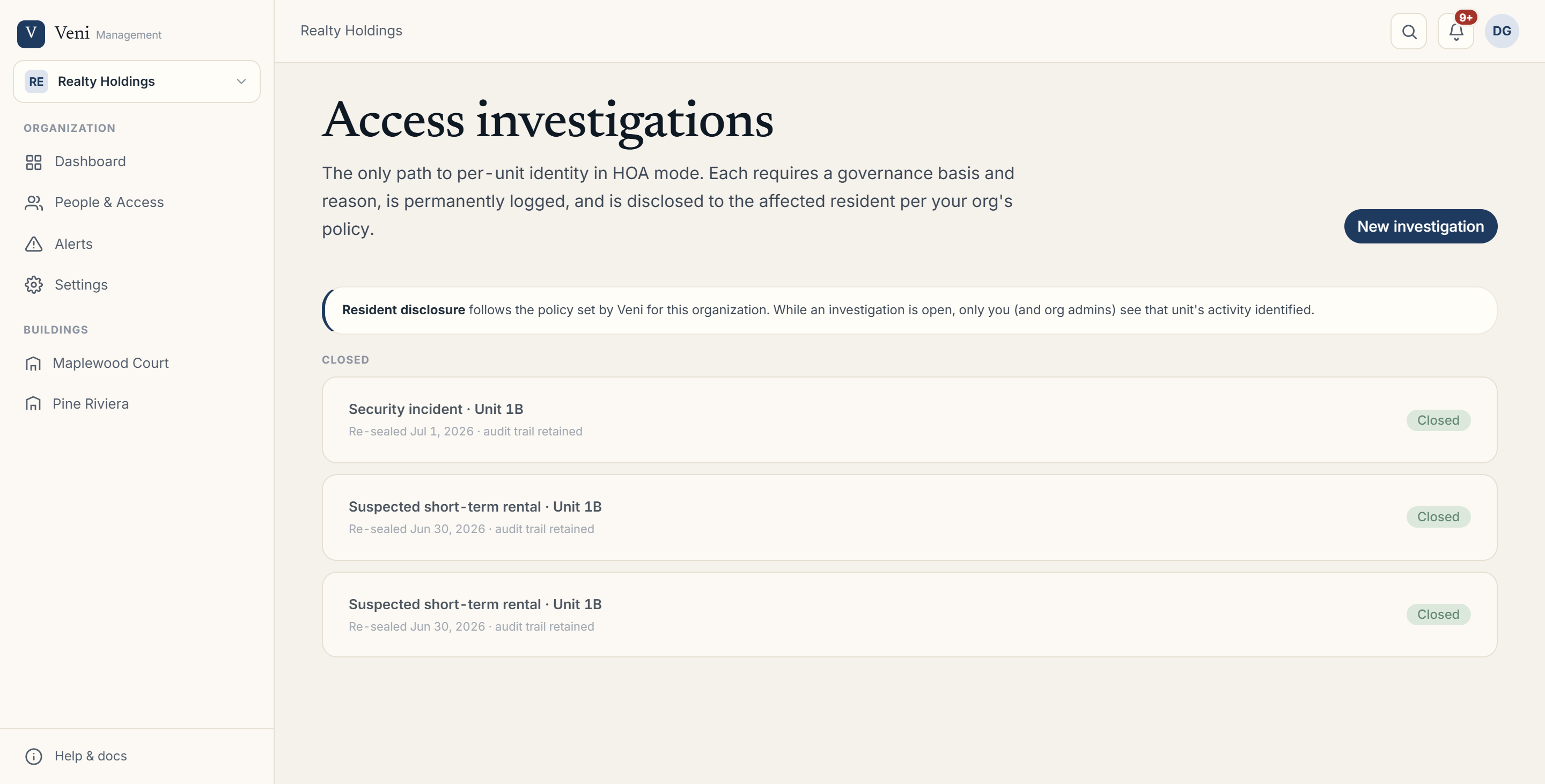 The Access investigations page showing the resident-disclosure notice banner and the Open list of investigation cards