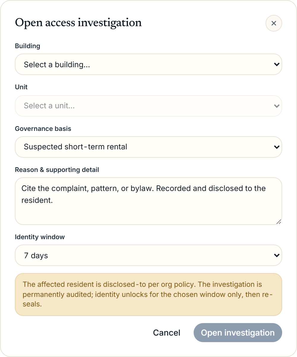 The Open access investigation modal showing the Building, Unit, Governance basis dropdown, Reason textarea, and Identity window selector