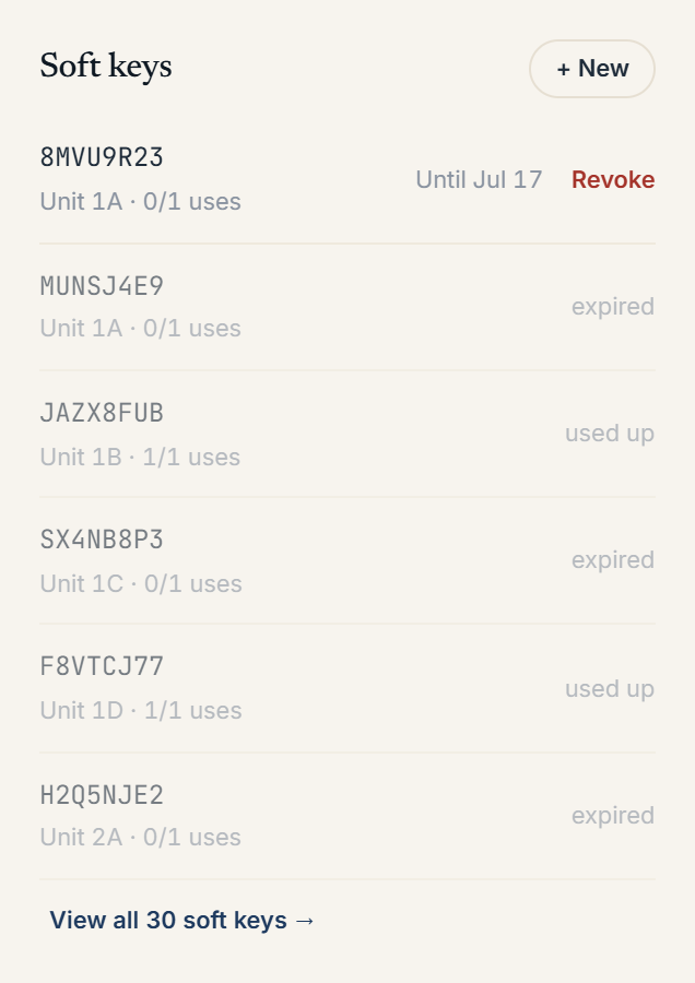 Soft keys card listing active codes with the New soft key modal open