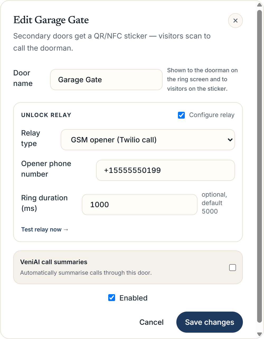 Door edit modal showing the Unlock relay subsection with HTTP smart relay fields expanded