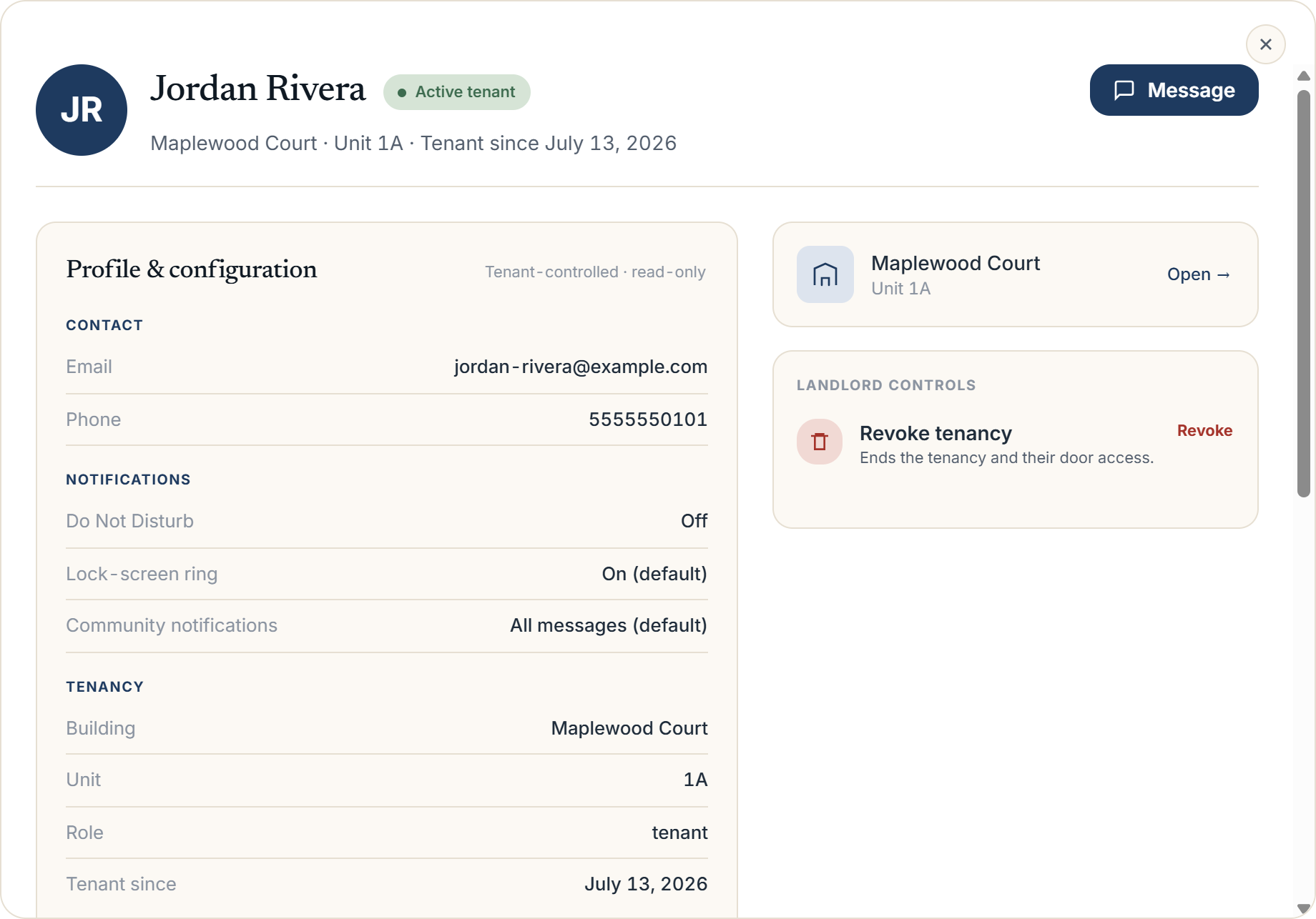 Resident profile modal showing the header, Profile &amp; configuration card, and Activity history card