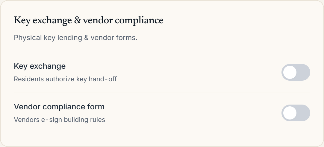 The Key exchange &amp; vendor compliance section on the building Settings tab