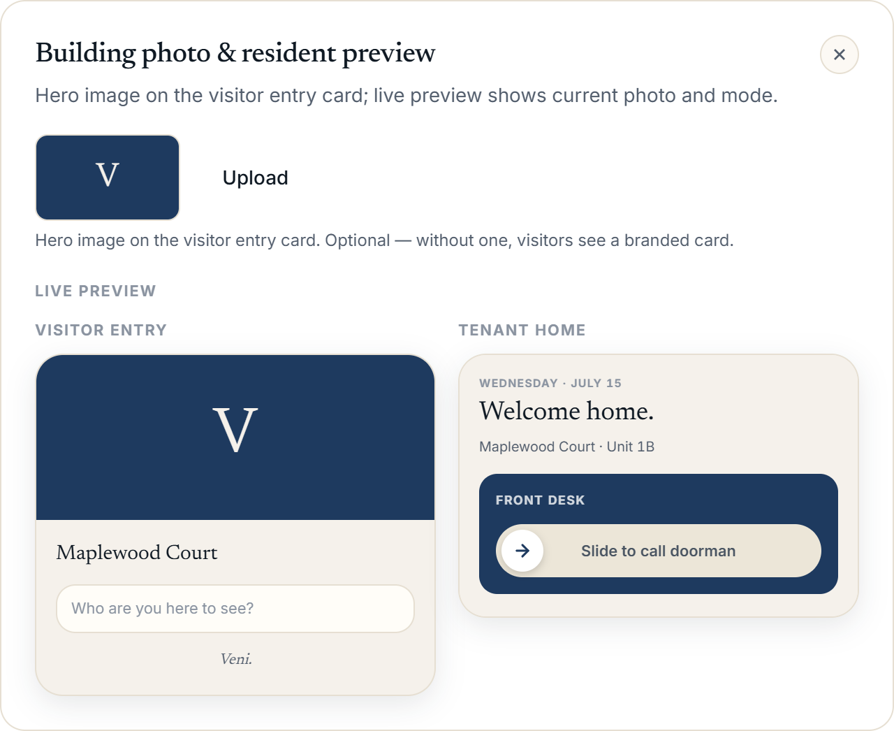 Building photo &amp; resident preview modal with Visitor entry and Tenant home preview side by side