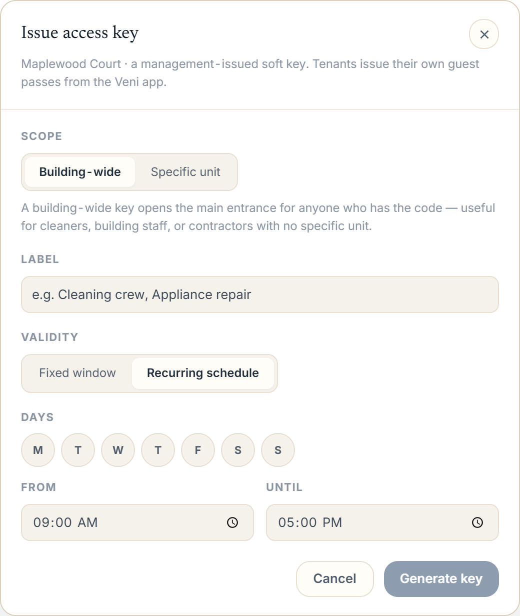 Issue access key modal with Validity set to Recurring schedule, showing day pills and From/Until time fields