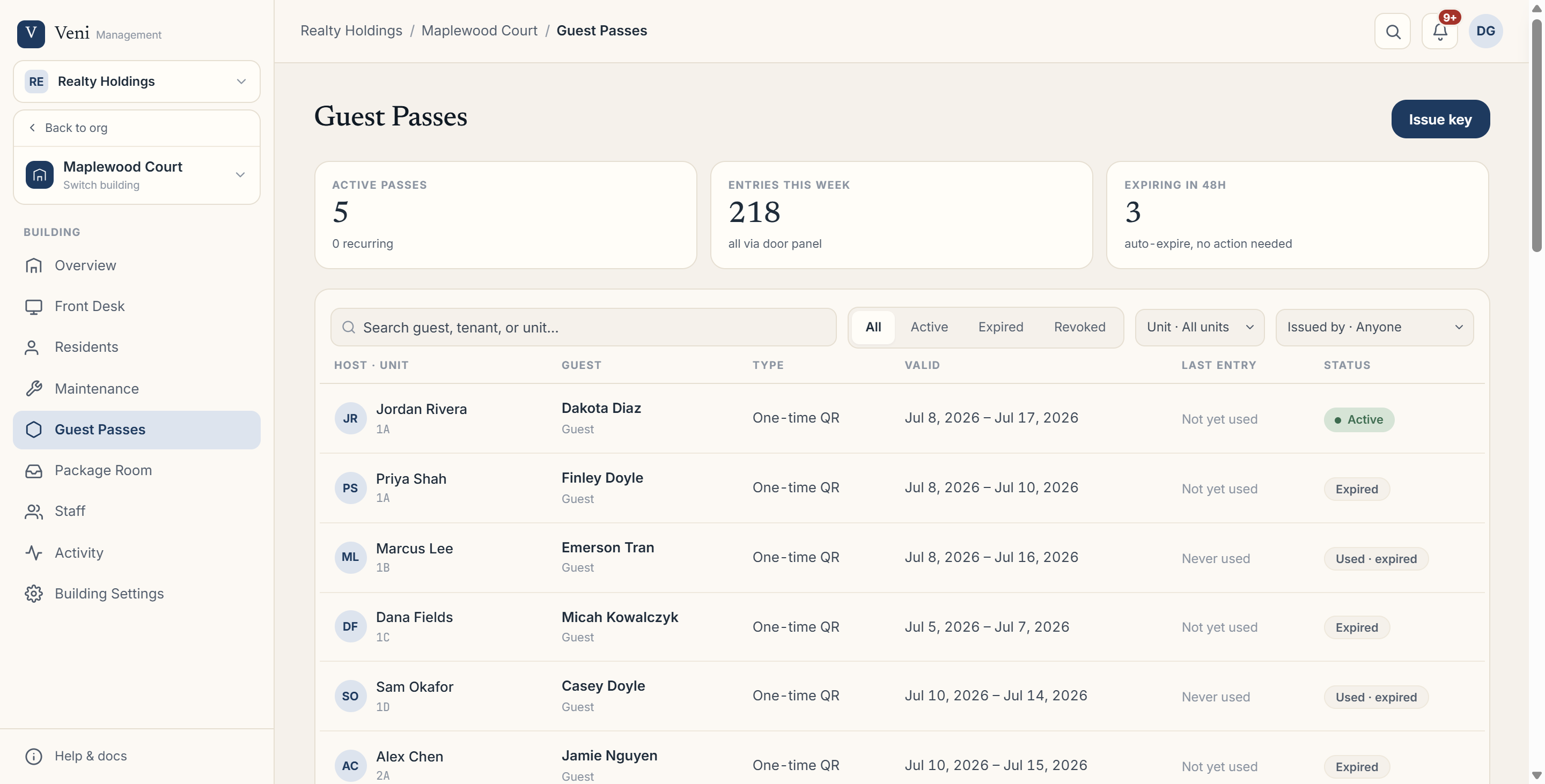 The Guest Passes tab, where walk-in records appear alongside issued passes
