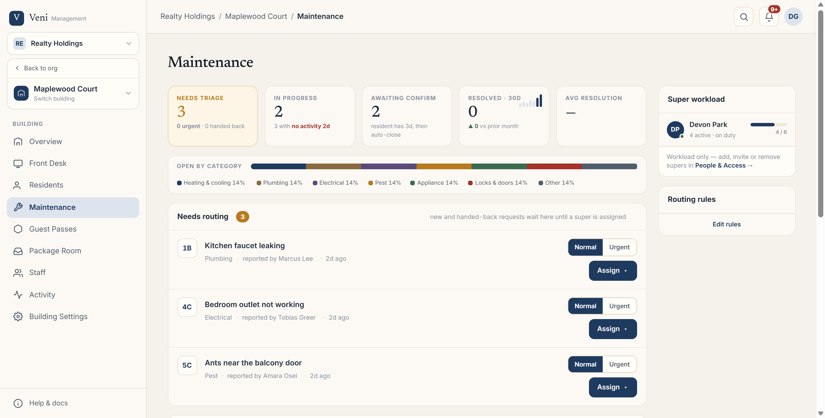 Portal Maintenance tab showing the status lanes for a building's requests