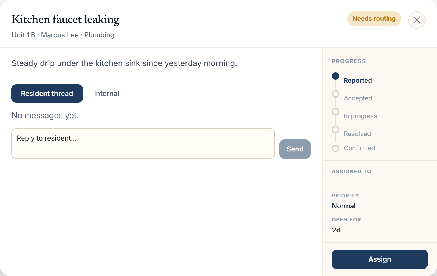 Maintenance request detail modal with the resident thread and dispatch sidebar