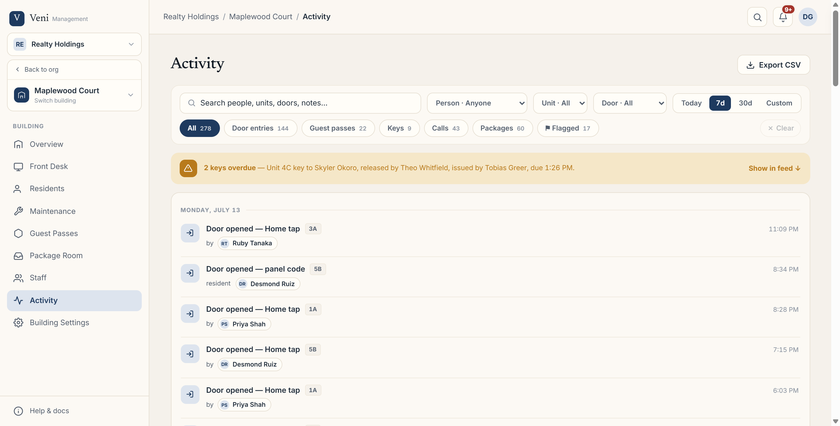 Activity tab showing the day-grouped feed with type chips and the filter toolbar above it
