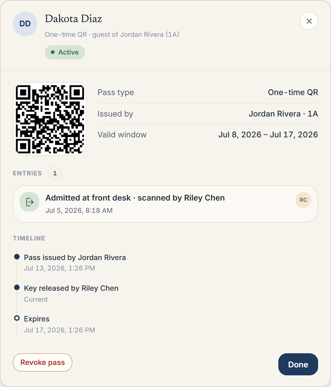 The pass detail modal, with the QR code, entry log, and timeline
