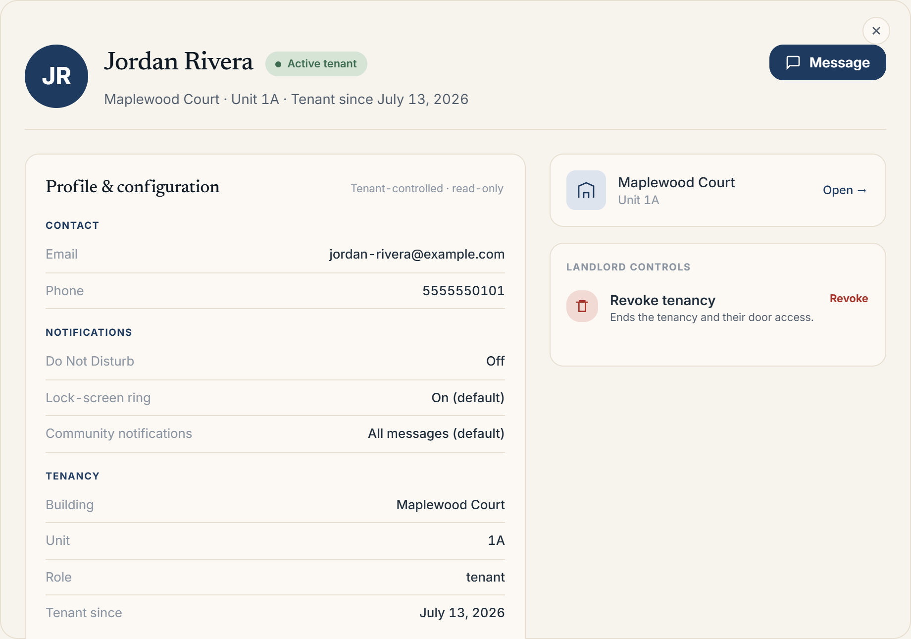 Opening a resident shows their full record: contact, notifications, tenancy, and the Revoke tenancy control